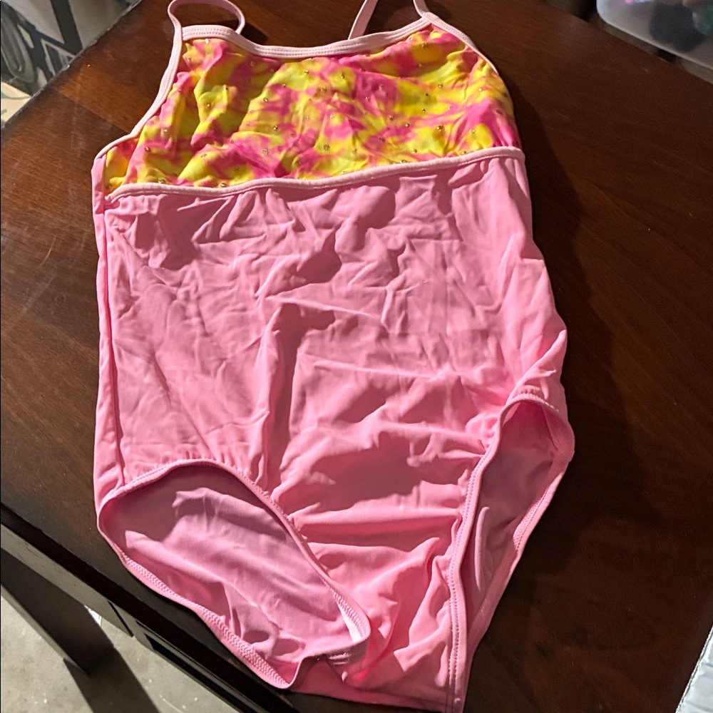 Girls Pink One-Piece Swimsuit with Yellow-Pink Tie-Dye Top